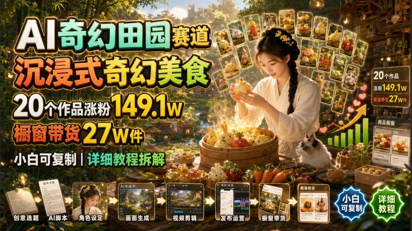AI奇幻田园赛道，沉浸式奇幻美食，20个作品涨粉149.1W，橱窗带货27W件，小白可复制，详细教程拆解-dabaowz