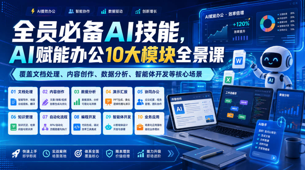 全员必备AI技能，AI赋能办公10大模块全景课，覆盖文档处理、内容创作、数据分析、智能体开发等核心场景-dabaowz