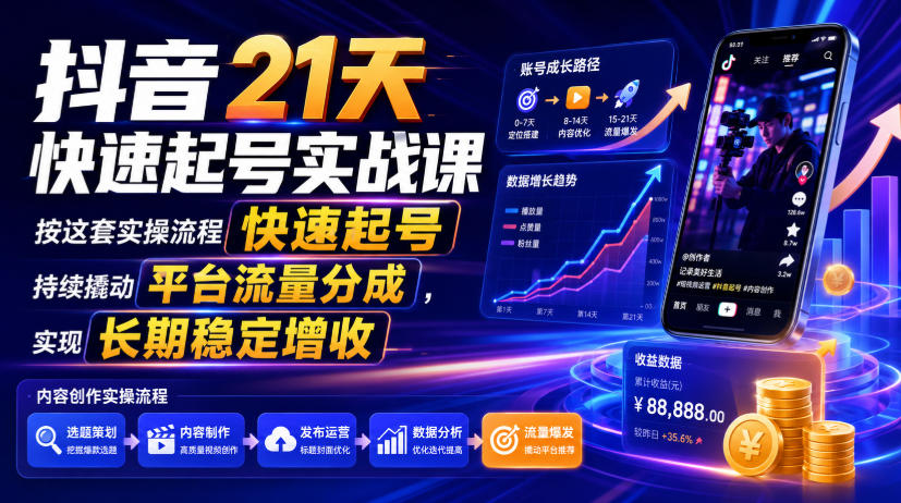 抖音21天快速起号实战课，按这套实操流程快速起号，持续撬动平台流量分成，实现长期稳定增收-dabaowz