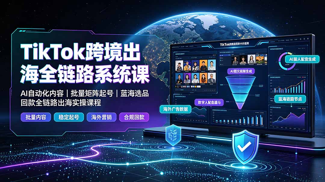 TikTok跨境出海全链路系统课-2026年7月：AI自动化内容｜批量矩阵起号｜蓝海选品回款全链路出海实操课程-dabaowz
