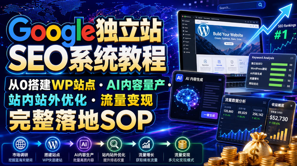 Google独立站SEO系统教程，从0搭建WP站点・AI内容量产・站内站外优化・流量变现完整落地SOP(2026年7月)-dabaowz