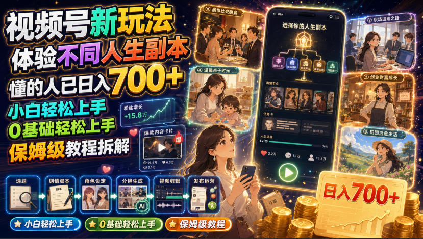 视频号新玩法体验不同人生副本，懂的人已日入700+，小白轻松上手，0基础轻松上手，保姆级教程拆解-dabaowz