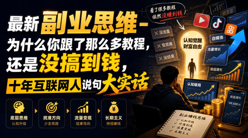 最新副业思维-为什么你跟了那么多教程，还是没搞到钱，十年互联网人说句大实话【揭秘】-dabaowz
