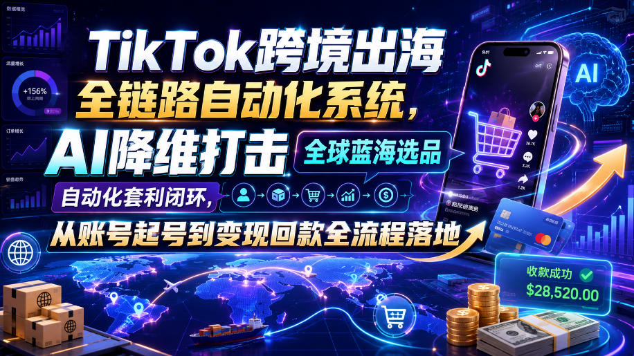 TikTok跨境出海全链路自动化系统，AI降维打击全球蓝海选品自动化套利闭环，从账号起号到变现回款全流程落地(2026年7月)-dabaowz