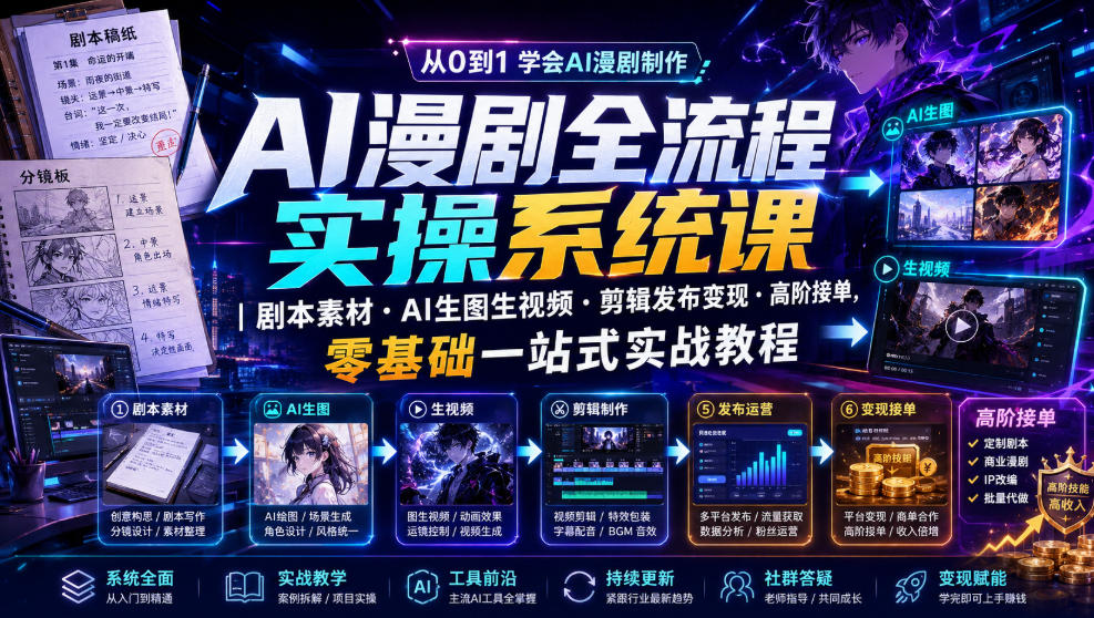 AI漫剧全流程实操系统课｜剧本素材・AI生图生视频・剪辑发布变现・高阶接单，零基础一站式实战教程-dabaowz