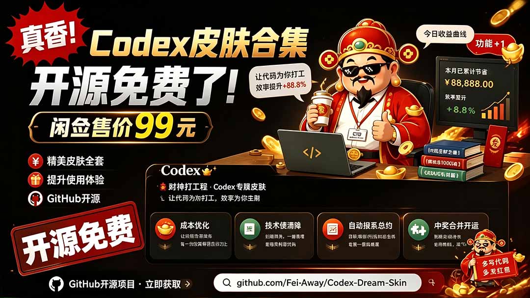 闲鱼售卖99元的Codex皮肤包，GitHub 免费开源了！让你的codex变成精美界面 Codex Dream Skin-dabaowz