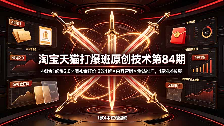 淘宝天猫打爆班原创技术第84期：4剑合1必爆2.0×淘礼金打价×2改1留×内容营销×全站推广，1款4术拉爆-dabaowz