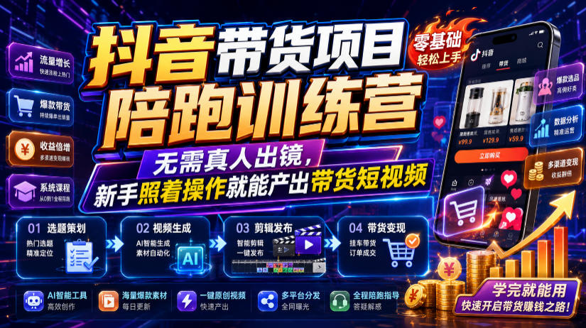 抖音带货项目陪跑训练营，无需真人出镜，新手照着操作就能产出带货短视频-dabaowz