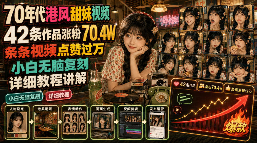 70年代港风甜妹视频，42条作品涨粉70.4W，条条视频点赞过万，小白无脑复刻，详细教程讲解-dabaowz