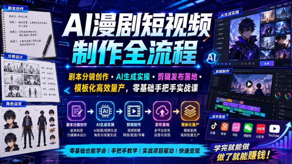 AI漫剧短视频制作全流程｜剧本分镜创作・AI生成实操・剪辑发布落地・模板化高效量产，零基础手把手实战课-dabaowz