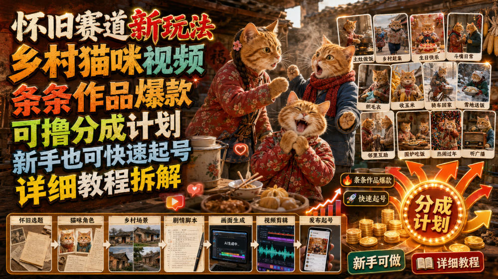怀旧赛道新玩法，乡村猫咪视频，条条作品爆款，可撸分成计划，新手也可快速起号，详细教程拆解-dabaowz