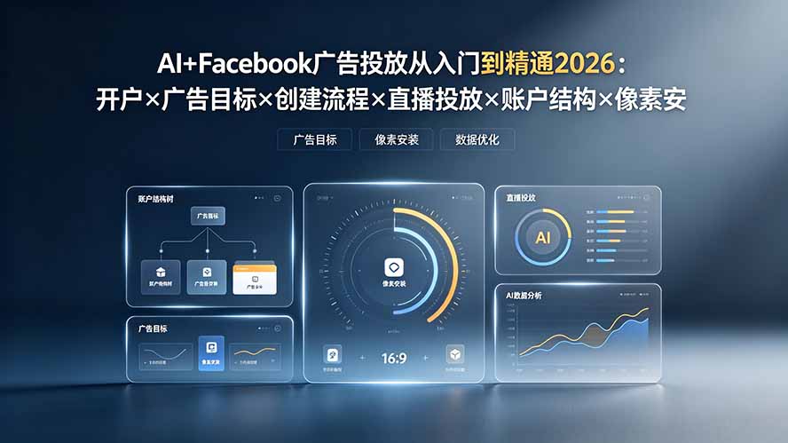 AI+Facebook广告投放从入门到精通2026：开户×广告目标×创建流程×直播投放×账户结构×像素安装×AI赋能-dabaowz