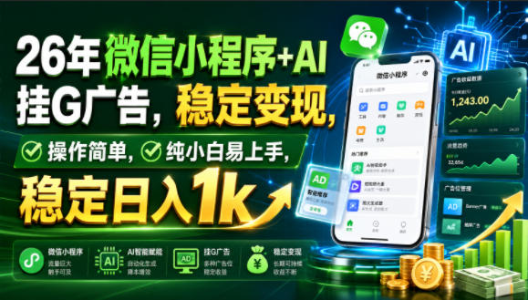 26年微信小程序+AI挂G广告，稳定变现，操作简单，纯小白易上手，稳定日入1k【揭秘】-dabaowz