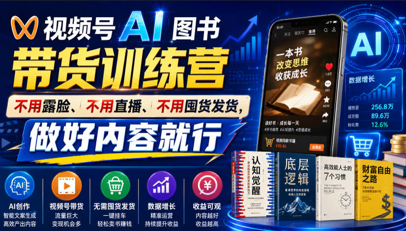 视频号AI图书带货训练营，不用露脸、不用直播、不用囤货发货，做好内容就行，一条爆款视频佣金8942-dabaowz