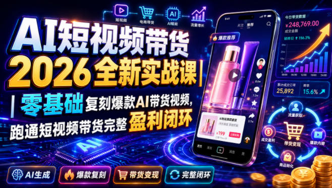 AI短视频带货2026全新实战课｜零基础复刻爆款AI带货视频，跑通短视频带货完整盈利闭环-dabaowz