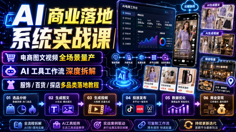 AI商业落地系统实战课｜电商图文视频全场景量产・AI工具工作流深度拆解・服饰/百货/探店多品类落地教程-dabaowz