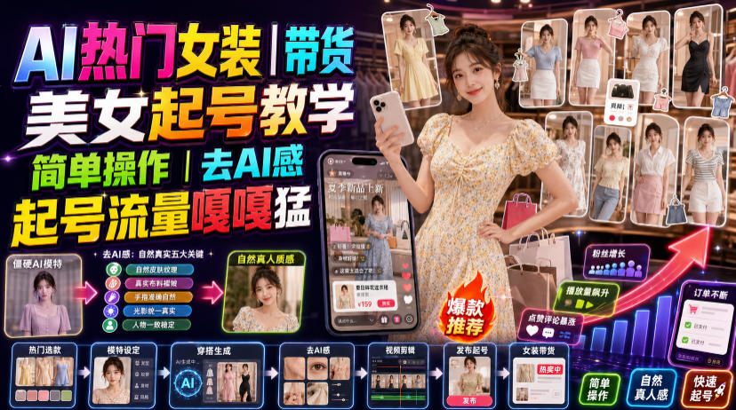 AI热门女装带货丨美女起号教学，简单操作，去AI感，起号流量嘎嘎猛-dabaowz