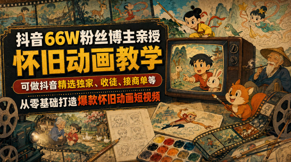 抖音66W粉丝博主亲授怀旧动画教学，可做抖音精选独家、收徒、接商单等，从零基础打造爆款怀旧动画短视频-dabaowz