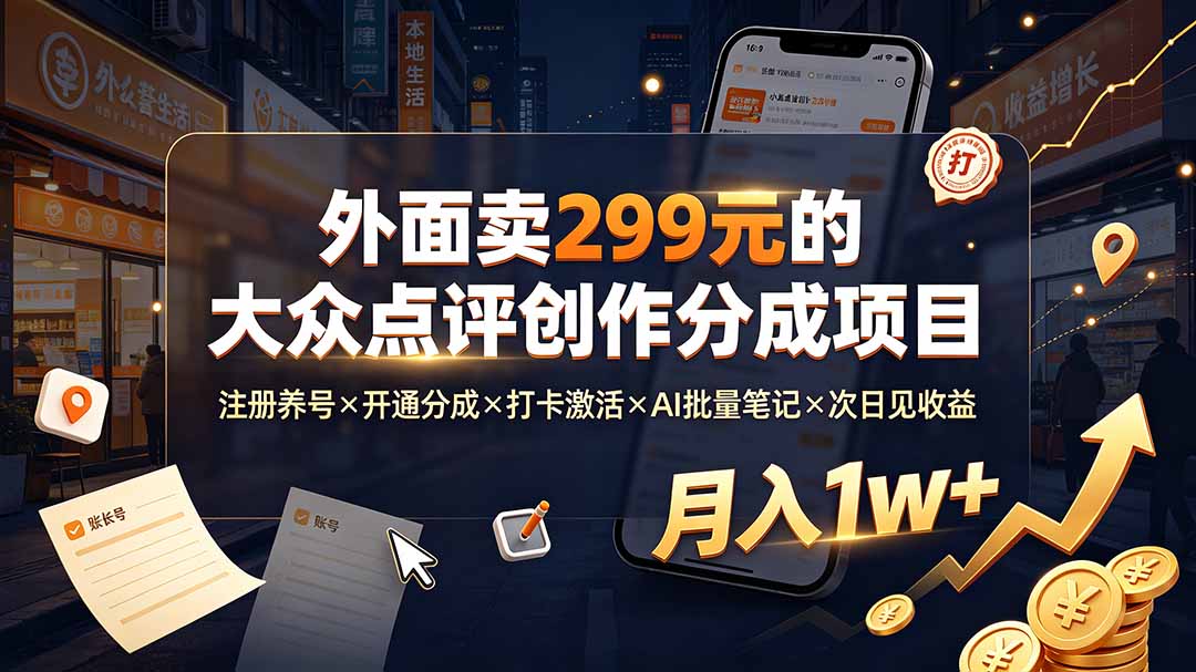 外面卖299元的大众点评创作分成项目：注册养号×开通分成×打卡激活×AI批量笔记×次日见收益，月入1w+-dabaowz