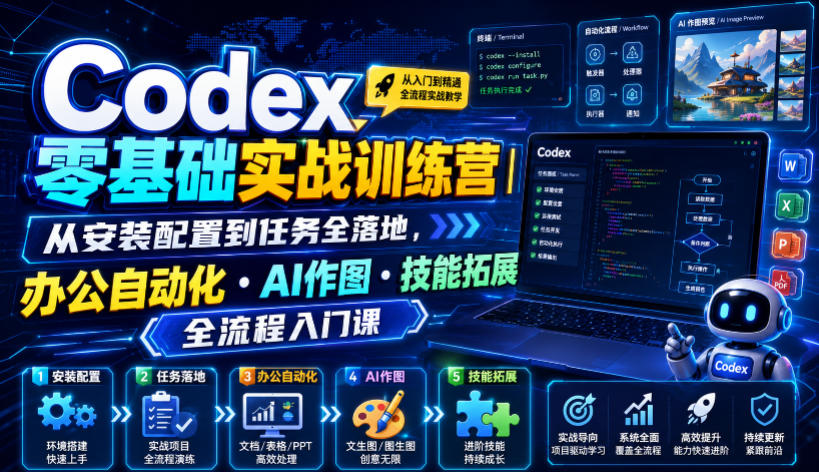 Codex零基础实战训练营｜从安装配置到任务全落地，办公自动化・AI作图・技能拓展全流程入门课-dabaowz