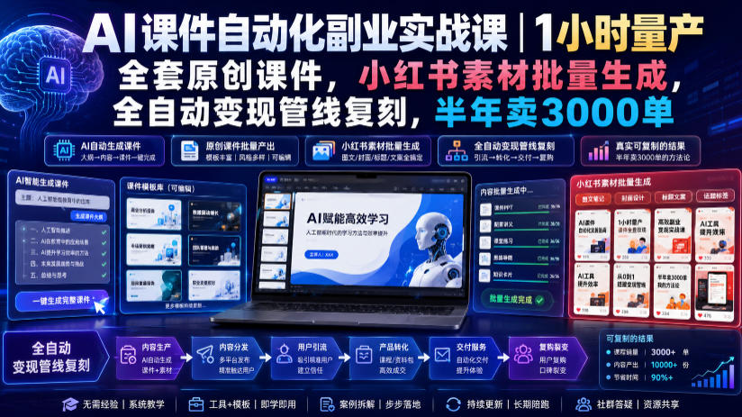 AI课件自动化副业实战课｜1小时量产全套原创课件，小红书素材批量生成，全自动变现管线复刻，半年卖3000单-dabaowz