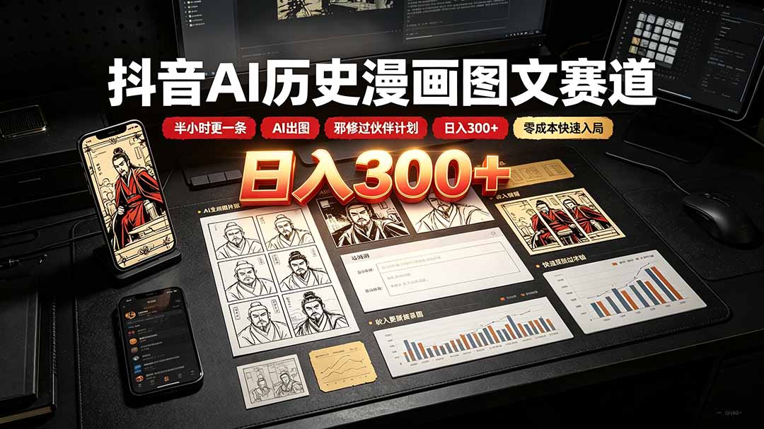 抖音AI历史漫画图文赛道：半小时更一条×AI出图×邪修过伙伴计划×日入300+，零成本快速入局-dabaowz