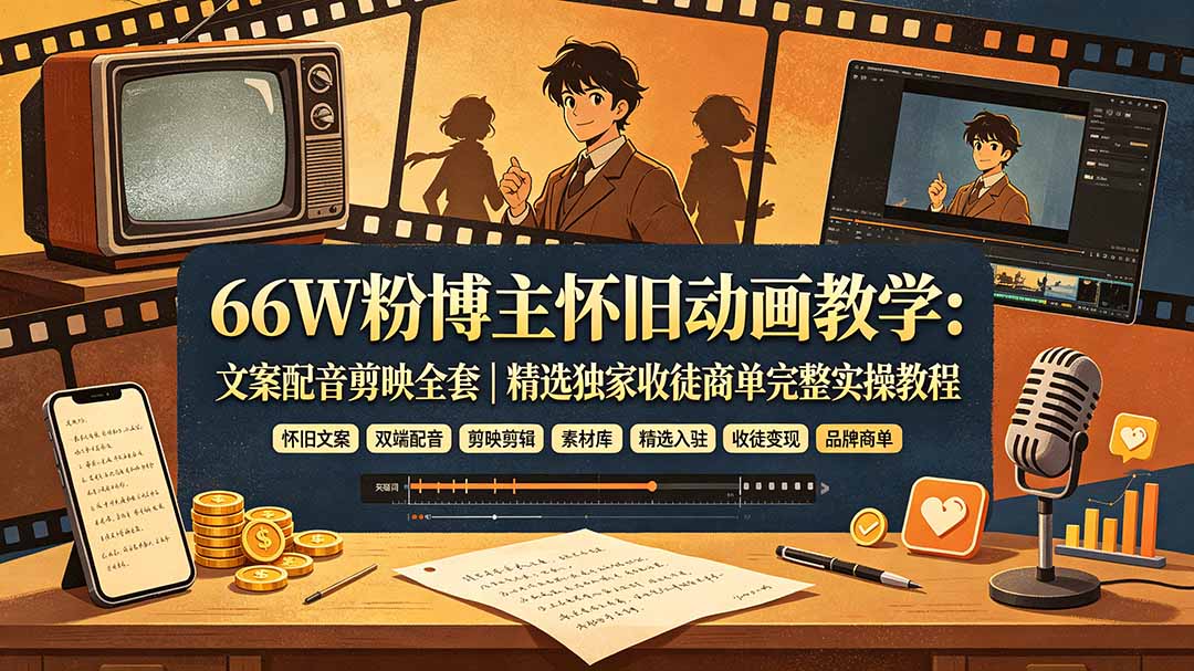 66W粉博主怀旧动画教学：文案配音剪映全套｜精选独家收徒商单完整实操教程-dabaowz