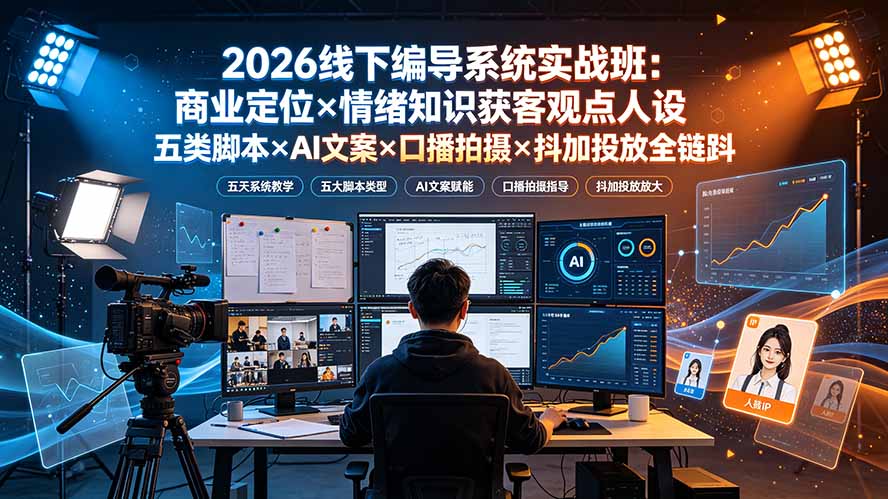 2026线下编导系统实战班：商业定位×情绪知识获客观点人设五类脚本×AI文案×口播拍摄×抖加投放全链路-dabaowz