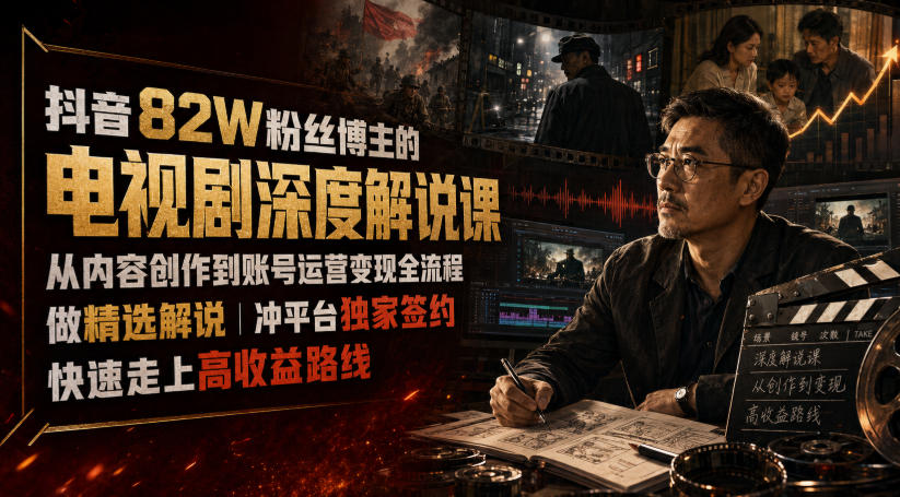 抖音82W粉丝博主的电视剧深度解说课，从内容创作到账号运营变现全流程，做精选解说，冲平台独家签约，快速走上高收益路线-dabaowz