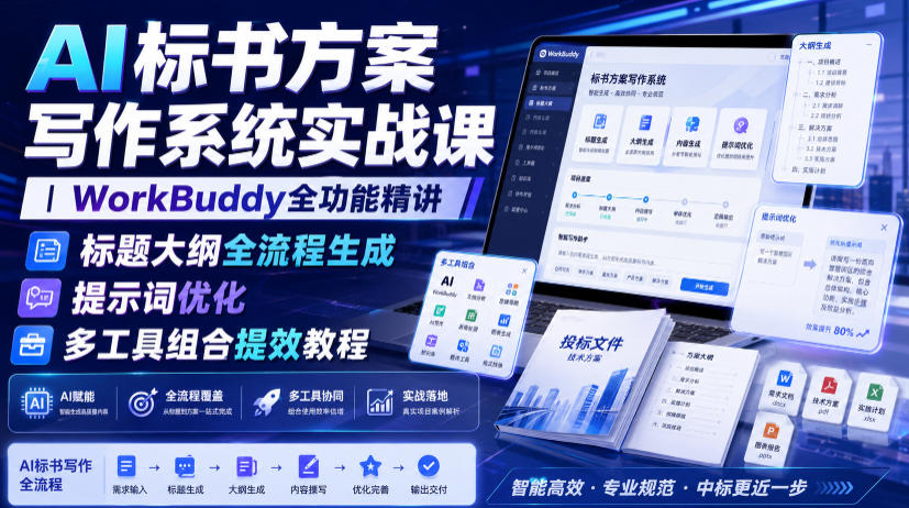 AI标书方案写作系统实战课｜WorkBuddy全功能精讲・标题大纲全流程生成・提示词优化・多工具组合提效教程-dabaowz