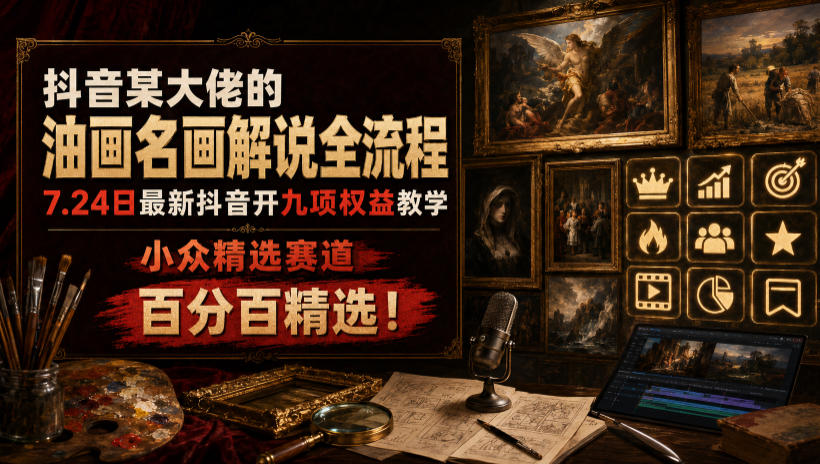 抖音某大佬的油画名画解说全流程，7.24日最新抖音开九项权益教学，小众精选赛道，百分百精选！-dabaowz