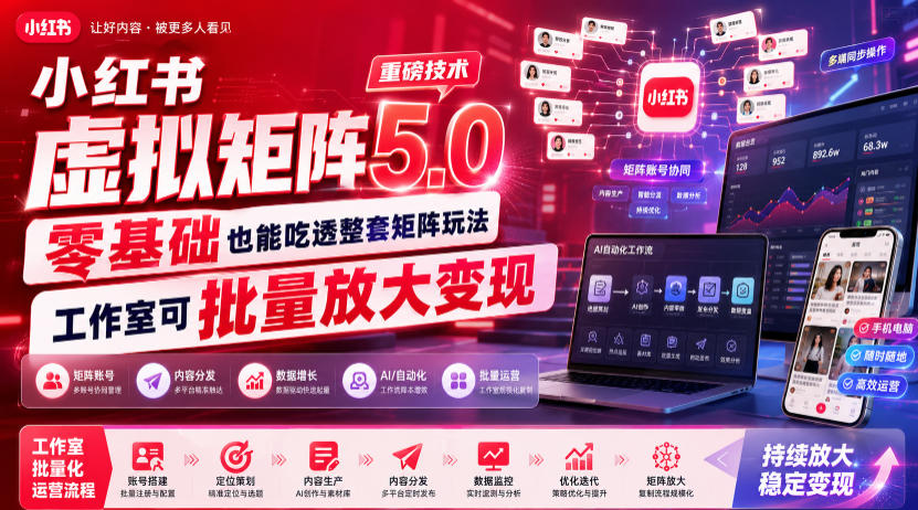 小红书虚拟矩阵5.0重磅技术，零基础也能吃透整套矩阵玩法，工作室可批量放大变现-dabaowz