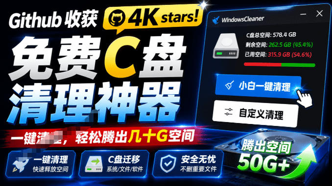 Github收获4K stars！免费C盘清理神器，轻松腾出几十G空间，支持C盘迁移Windows Cleaner-dabaowz