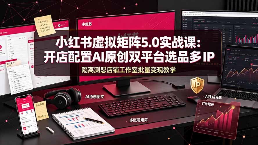 小红书虚拟矩阵5.0实战课：开店配置｜AI原创｜双平台选品｜多IP隔离｜测怼店铺工作室批量变现实操教学-dabaowz