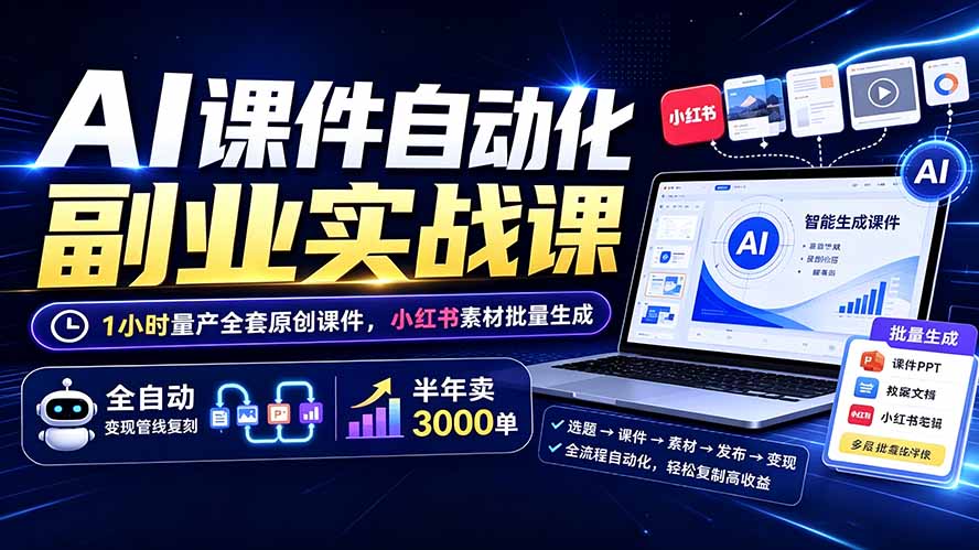 AI课件自动化副业实战课：1小时量产全套原创课件×小红书素材批量生成×全自动变现管线×半年卖3000单-dabaowz