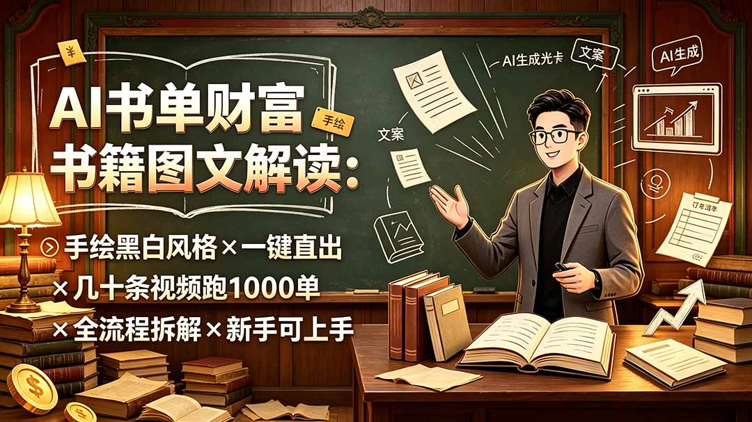 AI书单财富书籍图文解读：手绘黑白风格×一键直出×几十条视频跑1000单×全流程拆解×新手可上手-dabaowz