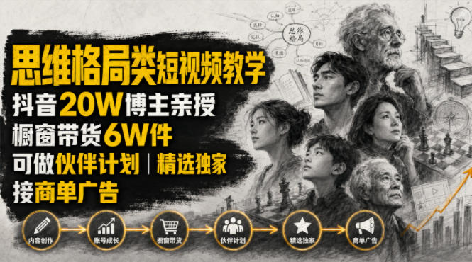 人性思维格局类短视频教学，抖音20W博主亲授，橱窗带货6W件，可做伙伴计划、精选独家、接商单广告-dabaowz