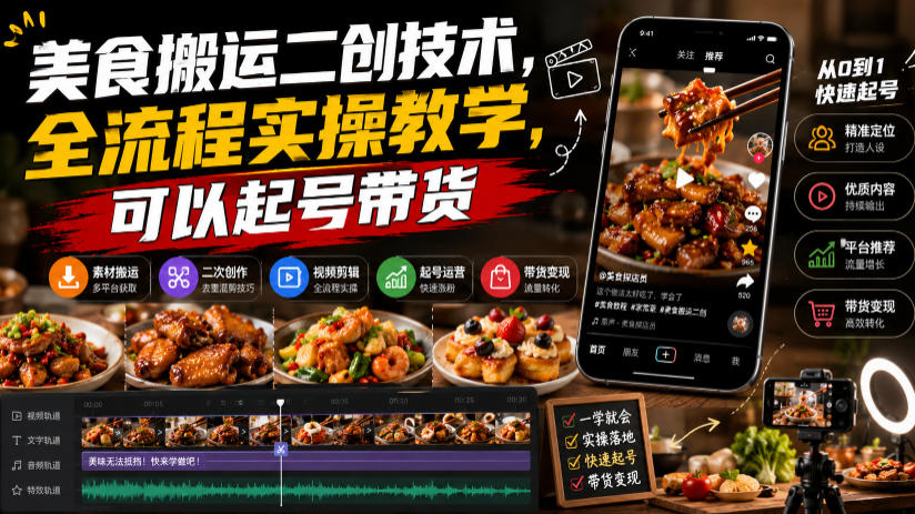 美食搬运二创技术，全流程实操教学，可以起号带货-dabaowz