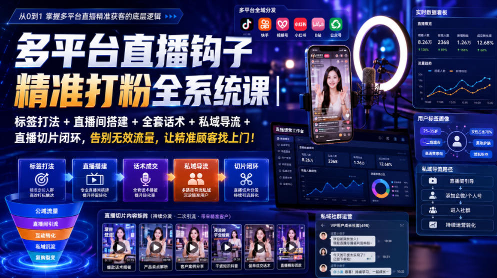 多平台直播钩子精准打粉全系统课｜标签打法+直播间搭建+全套话术+私域导流+直播切片闭环，告别无效流量，让精准顾客找上门！-dabaowz