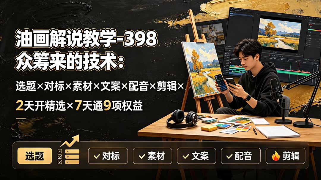 油画解说教学-398众筹来的技术：选题×对标×素材×文案×配音×剪辑×2天开精选×7天通9项权益-dabaowz