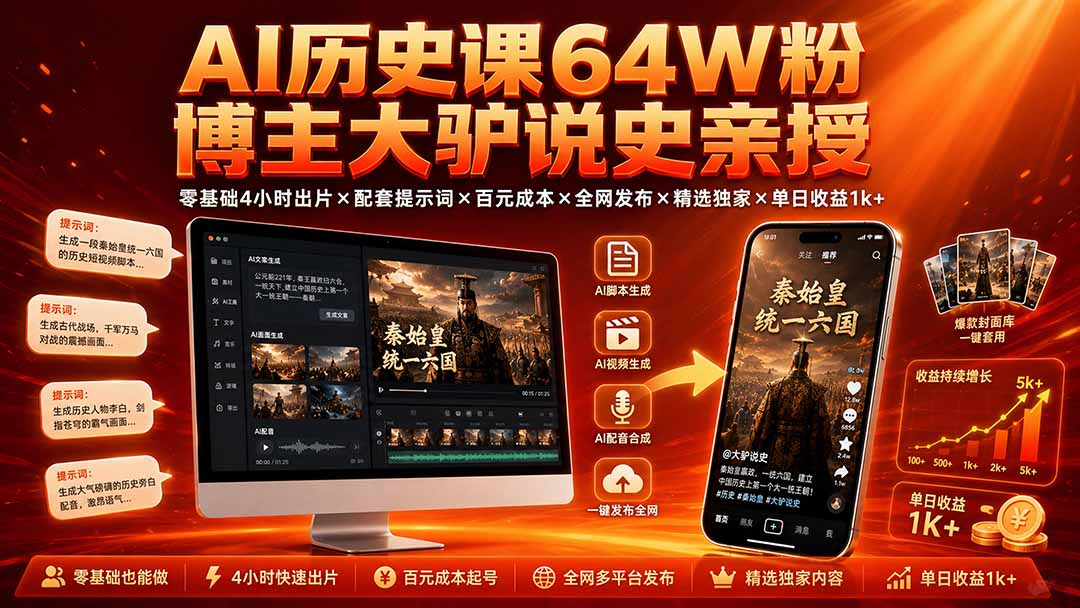 AI历史课64W粉博主大驴说史亲授：零基础4小时出片×配套提示词×百元成本×全网发布×精选独家×单日收益1k+-dabaowz