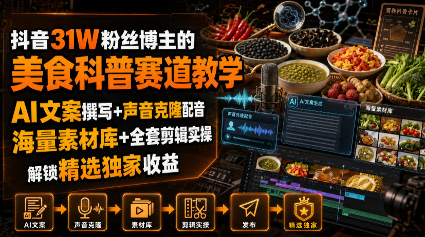 抖音31W粉丝博主的美食科普赛道教学，AI文案撰写+声音克隆配音+剪辑实操，解锁精选独家收益-dabaowz