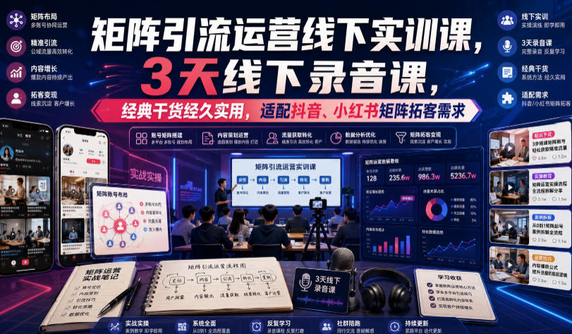 嗨推矩阵引流运营线下实训课，3天线下录音课，经典干货经久实用，适配抖音、小红书矩阵拓客需求-dabaowz