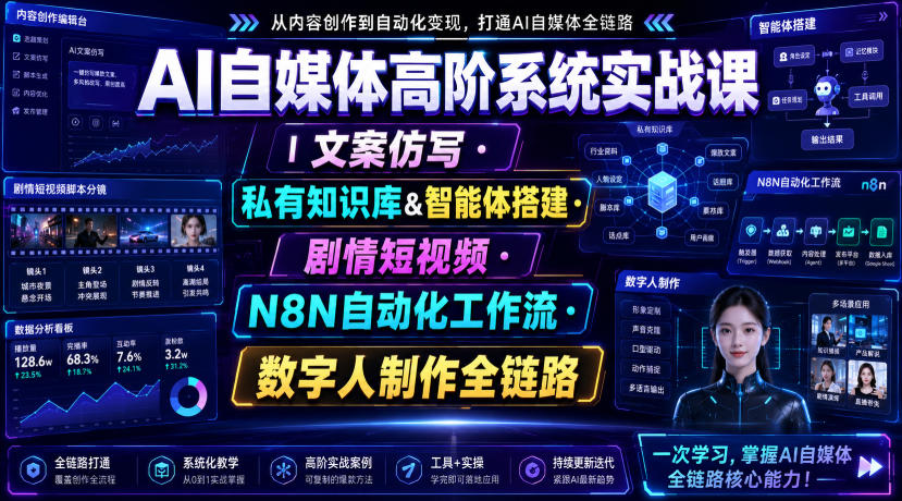 AI自媒体高阶系统实战课｜文案仿写・私有知识库&智能体搭建・剧情短视频・N8N自动化工作流・数字人制作全链路-dabaowz