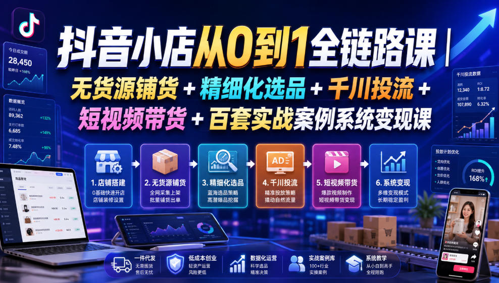 抖音小店从0到1全链路课｜无货源铺货+精细化选品+千川投流+短视频带货+百套实战案例系统变现课(2026年7月更新)-dabaowz
