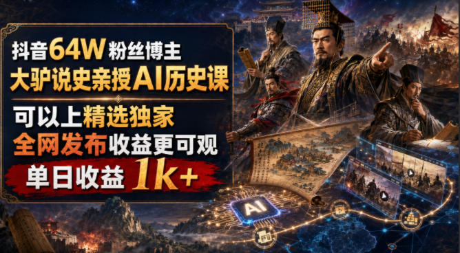 抖音64W粉丝博主大驴说史亲授AI历史课，可以上精选独家，全网发布收益更可观，单日收益1k+-dabaowz