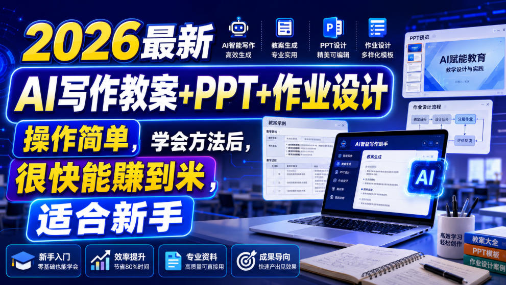 2026最新AI写作教案+PPT+作业设计，操作简单，学会方法后，很快能賺到米，适合新手-dabaowz