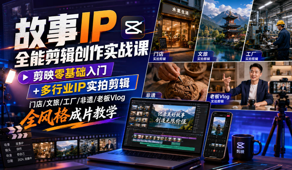 故事IP全能剪辑创作实战课｜剪映零基础入门+多行业IP实拍剪辑，门店/文旅/工厂/非遗/老板Vlog全风格成片教学-dabaowz