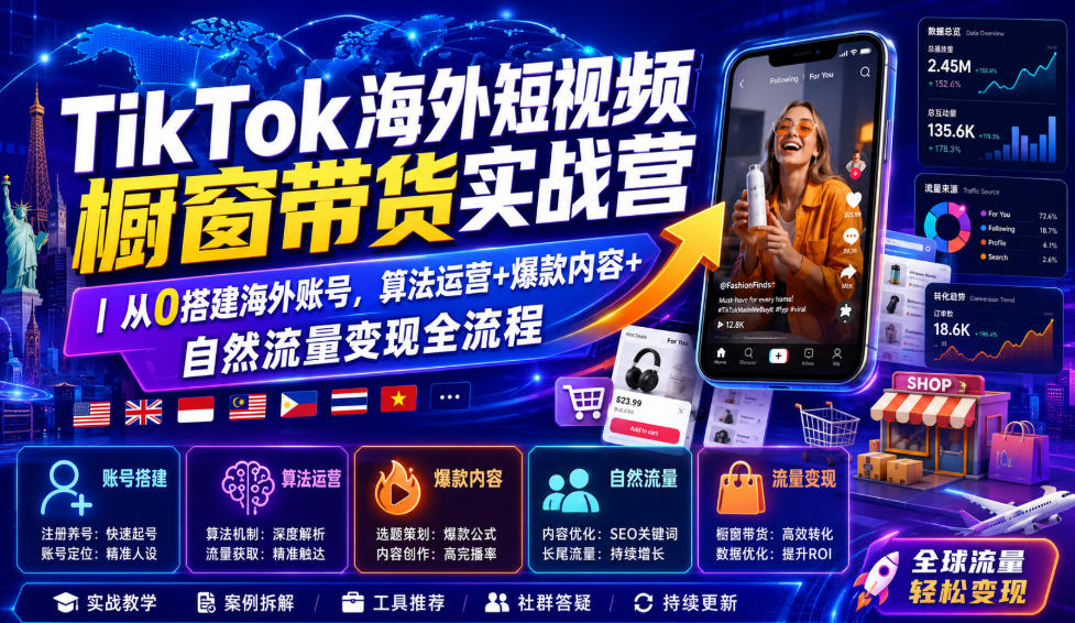 TikTok海外短视频橱窗带货实战营｜从0搭建海外账号，算法运营+爆款内容+自然流量变现全流程-dabaowz