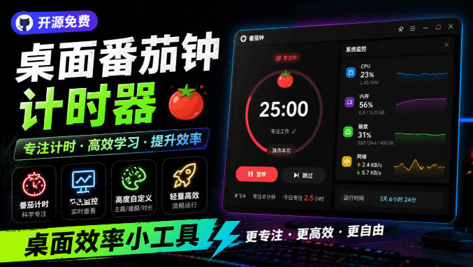 仅1.16MB，开源极简的桌面时钟、番茄钟计时器，还支持系统监控显示，桌面效率小工具Catime-dabaowz